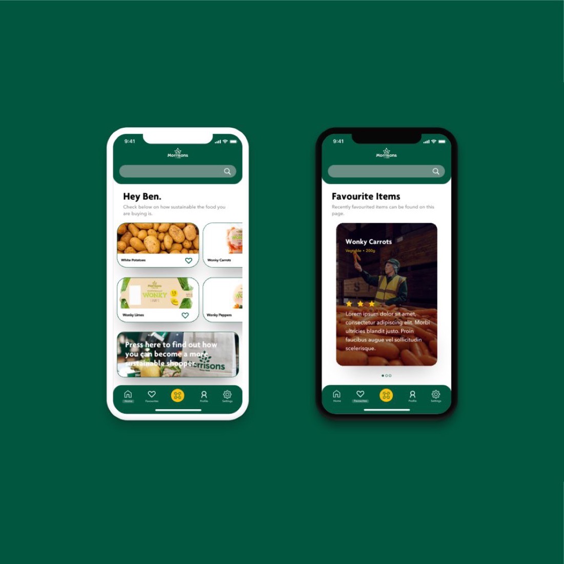 Two phone screens from the Morrisons Sustain app concept on a green background